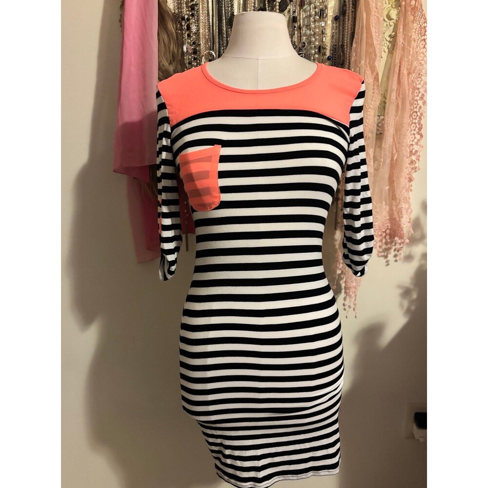 rue21 Black & White Striped Bodycon Dress with Neon Coral Accents